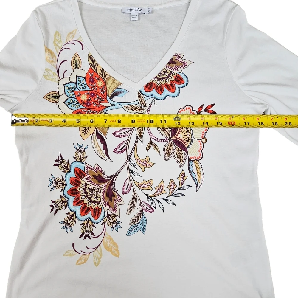CHICO'S Floral Pima Cotton 3/4 Sleeve Soft, Lightweight Pullover Top Size S - Picture 7 of 11